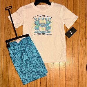 Under Armour boys size 7 White Tee with Turquoise & Navy Patterned Shorts